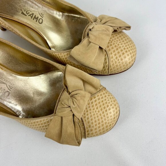 Salvatore Ferragamo Womens Tan Snake Embossed Leather Pumps Suede Bow size 9.5 - Picture 7 of 16